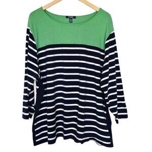 Chaps Striped Top Women Size 3X Navy Blue White Stripe Green Yoke Nautical Comfy